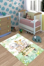 Resim Pelangi Pastel Renkler Sevimli Hayvanlar Zürafa Yıkanabilir Kaymaz Taban Leke Tutmaz Çocuk Odası Halısık, Mint-Beyaz 80 x 150, 7642005801501 