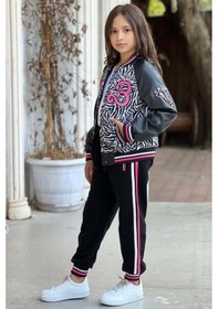 Resim Riccotarz Kız Çocuk V Cool Yazı Baskılı Sweatshirt Zebra Ve Pembe Şerit Detaylı Deri Eşofman Takım Pembe 