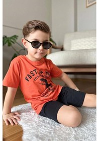 Resim Riccotarz Erkek Çocuk Dinazor Ve Bisiklet Baskılı Turuncu T-shirt Penye Şortlu Takım Turuncu 