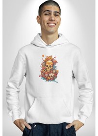 Resim Renkli Kurukafa Hippi Kadın Erkek Beyaz Kapüşonlu Sweatshirt Hoodie Beyaz 