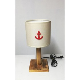 Resim Krem Başlıklı Çapa Denizci Genç Odası Çocuk Odası Abajuru Ahşap Ayaklı 