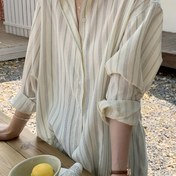 Resim Kadınlar için Hafif Çizgili Uzun Kollu Düğmeli Gömlek - Rahat Şık Bol Kesim, İlkbahar/Yaz Koleksiyonu, Polyester, Bej & Siyah Dikey Çizgiler, Makinede Yıkanabilir 