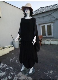 Resim Eren Style Asimetrik Kapaklı Ipek Şalvar Pantolon - Yarasakolllu İpek Bluz Takım-9314 Siyah 