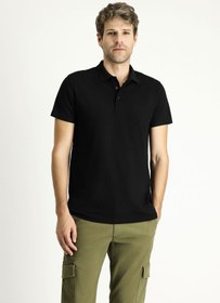 Resim Siyah Polo Yaka Regular Fit Nakışlı Pamuklu Tişört 