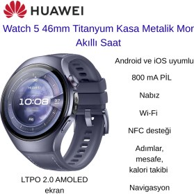 Resim Huawei Watch 5 46MM Titanyum Kasa Metalik Mor Akıllı Saat + Huawei Kulaklık Hediye 