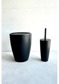 Resim Saf Plastik Banyo Seti 2 Peices'ten Sepet 7,5 Litre, Tutuculu Tuvalet Fırçası . Banyo Ve Mutfak Temizliği İçin Siyah Açık Ahşap 
