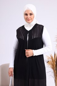 Resim Kadin Buyuk Beden Transparan Taşlı Uzun Yelek - siyah / 4XL 