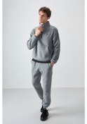 Resim Tommy Life Gri Melanj Yarım Fermuar Dik Yaka Lastik Paça Polar Erkek Eşofman Takımı - 85159 GRİ MELANJ 