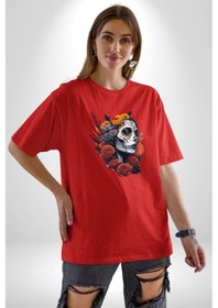 Resim Maske Dövmeli Çiçekli Kız Pamuklu Bisiklet Yaka Unisex Oversize Boyfriend Dijital Baskılı Kırmızı T-shirt Kırmızı 