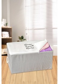 Resim Home Sweet Home Baskılı Gri Çizgili Mega Boy Baza Altı Kazak Pike Battaniye Hurcu 74x46x46 Çok Renkli 