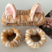 Resim Sevimli Peluş Çizgili Kedi Kulaklı Saç Bandı & Bileklik Seti - 3'lü, Makyaj & Yüz Yıkama için Mükemmel 