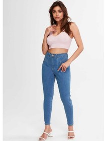 Resim Shevega Kadın Mavi Ön Contali Likrali Dar Paça Jeans Pantolon Mavi 