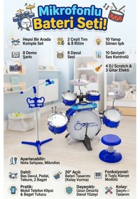 Resim Mikrofonlu Işıklı Sesli Bateri Seti - Piyanolu Tabureli & Bagetli Eğitici Çocuk Bateri Takımı - Mavi 
