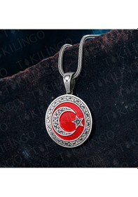 Resim 925 Ayar Gümüş Granür İşlemeli Kırmızı Ayyıldız Model Erkek Kolye Gümüş 