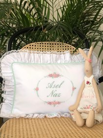 Resim Oval Çiçekli Dekoratif Bebek Yastığı - Pembe/Mint - Biye + Fırfır 