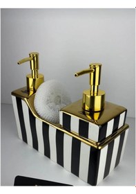 Resim 2li Mutfak Set Porselen Sıvı Sabunluk Süngerlik Tezgah Üstü Bulaşıklık Şık Dekoratif 500ml Altın - Beyaz - Siyah 