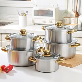 Resim 5 Set Paslanmaz Çelik Pişirme Seti Kapaklarla, Paslanmaz Çelik Hızlı Pişirme Tencere Seti - İndüksiyon ve Gaz Ocakları ile Uyumlu, Hızlı ve Kolay Yemekler için Mükemmel | Çift Sap Tasarımı, Ev Mutfakları ve Açık Hava Kampı için İdeal | Soslar, Çorbaslar ve Noodleler için Mükemmel 