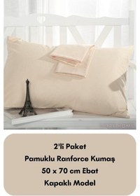 Resim Krem Renkli Ranforce Pamuklu Kumaş Kapaklı Yastık Kılıfı 2'li Pak 