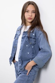 Resim Cansın Mini Mavi Kalp Desenli Düğmeli Ceketli Pantolonlu Kız Çocuk Jean Takım 23475 