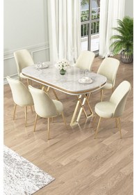 Resim Canisa Lai Serisi 90x168 Lak Panel Beyaz Mermer Desen Gold Ayak Masa Takımı 6 Krem Sandalye Beyaz Mermer Desen Masa Sandalyeler Krem 