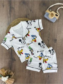 Resim Kruvaze Yaka Önden Düğmeli Rahat Kalıp Yazlık Erkek Bebek Pijama Takımı %100 Pamuk 4bb2 Beyaz 