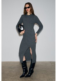 Resim Grimelange Soreya Kadın Yuvarlak Yaka Çizgi Desenli Yırtmaçlı Slim Fit Triko Antrasit Elbise Antrasit 