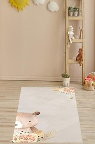 Resim Pelangi Ayıcık ve Gül Buketi Desenli Yıkanabilir Kaymaz Taban Leke Tutmaz Çocuk Odası Halısık, Gri-Somon 160 x 240, 76420171602401 