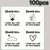 Resim 100 Sticker/Paket, Sevimli İfade Siyah Beyaz Kare Stickerlar, Hediye Kutusu Stickerları, Mühürleme Stickerları, Hızlı Yiyecek Paketleme Teşekkür Stickerları 