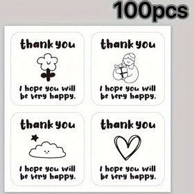 Resim 100 Sticker/Paket, Sevimli İfade Siyah Beyaz Kare Stickerlar, Hediye Kutusu Stickerları, Mühürleme Stickerları, Hızlı Yiyecek Paketleme Teşekkür Stickerları 
