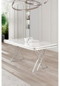 Resim Canisa Vals Serisi 80x130 Lak Panel Beyaz Mermer Desen Masa Takımı Krom Ayaklı 4 Gri Sandalye Masa Beyaz Mermer Desen Sandalye Gri 