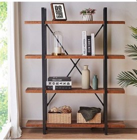 Resim Bovi Metal Kitaplık Doğal Ahşap Raf Siyah 