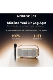 Resim NowGo C1 100W Taşınabilir RGB Bluetooth Hoparlör Mikrofonlu Karaoke Parti Speaker Bej 