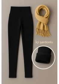 Resim İncili 3'lü Set Kışlık Süper Şardonlu Pofuduk Kadın Tayt 2 Siyah - 1 Ten Siyah - Ten 