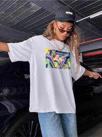Resim Kadın Beyaz Oversize Pamuk Baskılı T-shirt Beyaz 