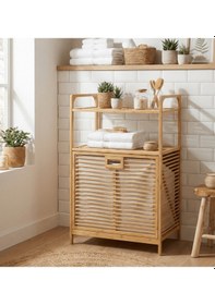 Resim Bambu Kirli Sepetli 2 Raflı Çok Amaçlı Banyo Düzenleyici Çamaşır Sepeti Organizer 64 40 95cm Bej 