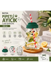 Resim Baysa Pipetli Ayıcık Cam Bardak 550 Ml Yeşil Bereli Figürlü Sevimli Meşrubat Bardağı Cam - Şeffaf 