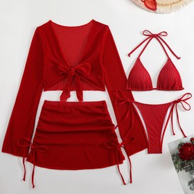 Resim 25SS Yaz Trendy Avrupa ve Amerika Konservatif Dört Parça Katı Renk Kapak-Üst Ağ Etek Bikini Kadın Mayo Se 