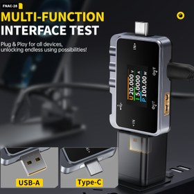 Resim 1 adet FNAC-28 Tip-C/USB Test Cihazı Dijital Voltmetre Pil Kapasite Test Cihazı Gerilim Akım Ölçer Ampermet Dedektör Güç Bankası Şarj Göstergesi 