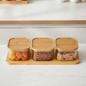 Resim Karokstore 3'lü Bambu Kapaklı Cam Kahvaltılık ve Kuruyemişlik, 7 Parça Tepsili Kahvaltı ve Çerezlik Seti, Vakumlu Kapak 