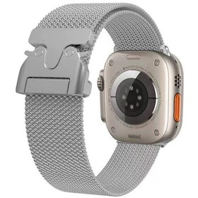 Resim Ekılıf - İos Watch 10 46mm Uyumlu - Kordon Metal Hasır Kordon Krd-25 - Gümüş 