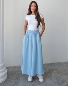 Resim Beli Lastikli Geniş Kesim Kloş Double Krep Pantolon Etek 5187 - Buz Mavisi - Buz Mavisi / L-XL 