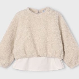 Resim Kız Çocuk Etek Ucu Gömlek Görünümlü Pelüş Sweatshirt - Bej Gri 