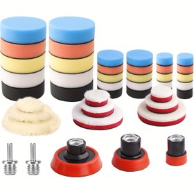 Resim 44 parçalık Araba Köpük Matkap Cilalama Pedi Seti, Çeşitli Boyutlar (2.54cm, 5.08cm, 7.62cm), Kendinden Yapışkanlı Parlatma Pedleri 5/8-11 Dişli Destek ve Adaptörler ile, Otomotiv Detaylandırma ve Gövde Çalışmaları için, Dayanıklı Tekstil Malzemesi 
