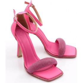 Resim Dgn 2028 Kadin Kalin Silver Taş Bantli Bilekten Kemer Bağlamali Arkasi Kapali Topuklu Sandalet Fuşya Saten 