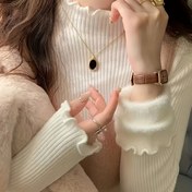 Resim Elegant High Neck Knit Pullover, Lettuce Trim, Viskon Kumaş, Skinny Fit, Uzun Kollu, Düz Renk, Orta Esneklik, Sonbahar / Kış 