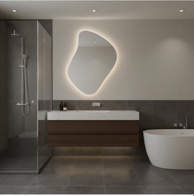 Resim 60x77 Cm Asimetrik Led Banyo Aynası Dokunmatik, Dim Edilebilir, 3000k Günışığı Modern Duvar Aynası Sarı 