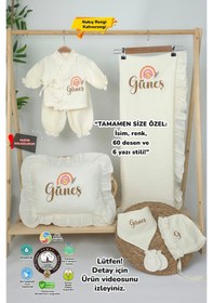 Resim Gros Shop Müslin Yeni Doğan 4katlı Organik %100pamuk Kişiye Özgü Nakışlı Hastane Çıkış Seti Gökkuşağı Model-3 Ekru 