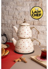 Resim Lady Chef Kalp Desenli Emaye Çaydanlık Takımı 