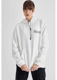 Resim Kadın Oversize Kapüşonlu Kanguru Cepli Baskılı 3 İplik Pamuklu Sweatshirt Hoodie - Beyaz 