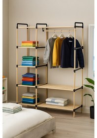 Resim Ne-03 Modüler Raflı %100 Masif Ahşap Elbise Askısı Açık Gardırop Ahşap 